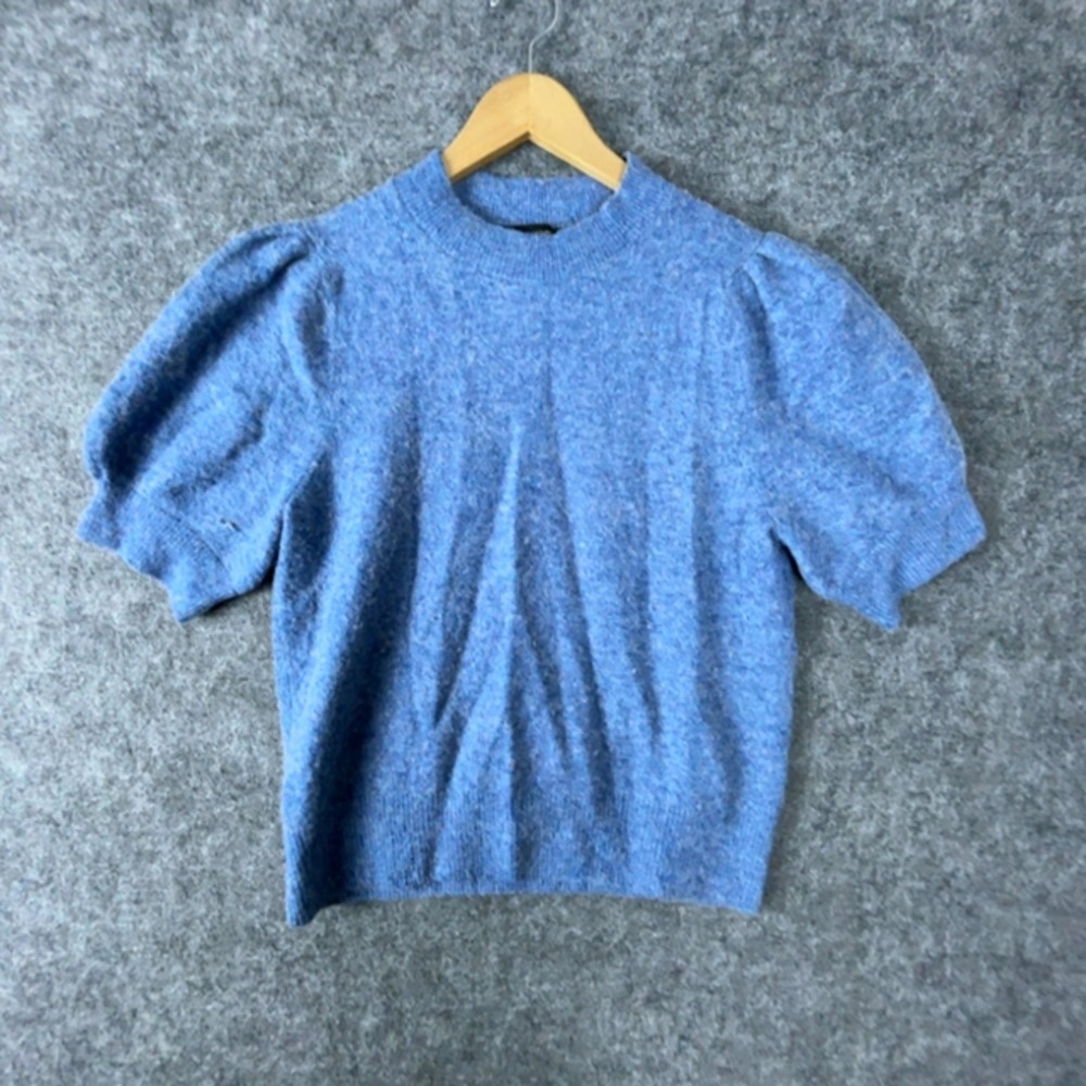 Banana Republic Sweater Womens M Blue Fuzzy Short Puff Sleeve Mock Neck Knit